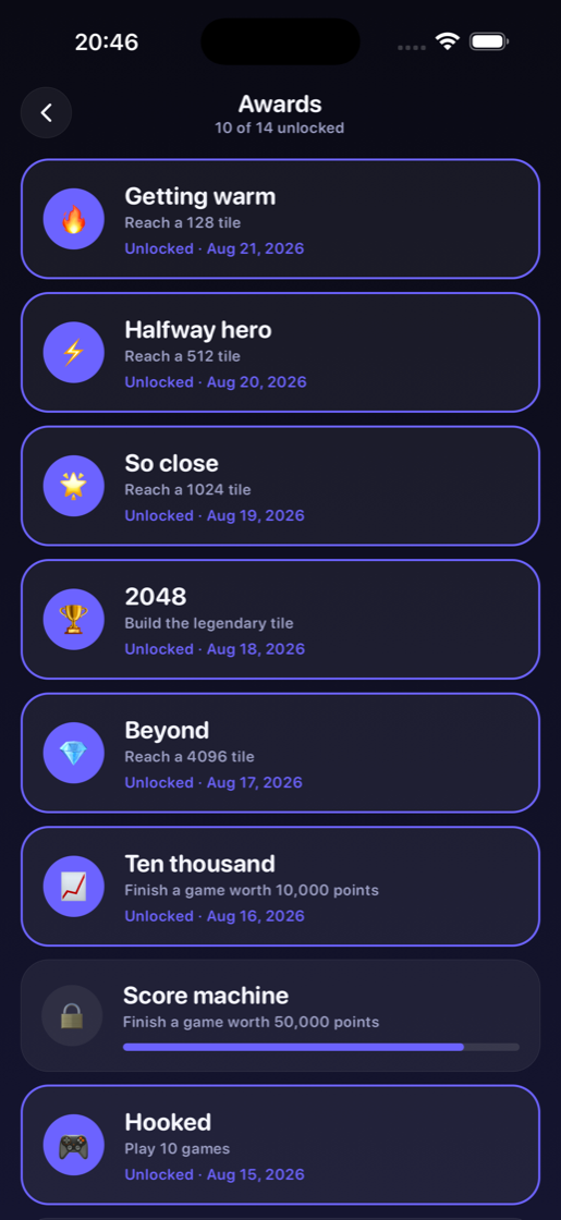 The awards screen with unlocked and locked badges