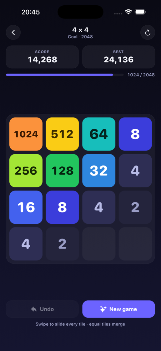 A 2048 Nova game in progress showing a board of coloured tiles