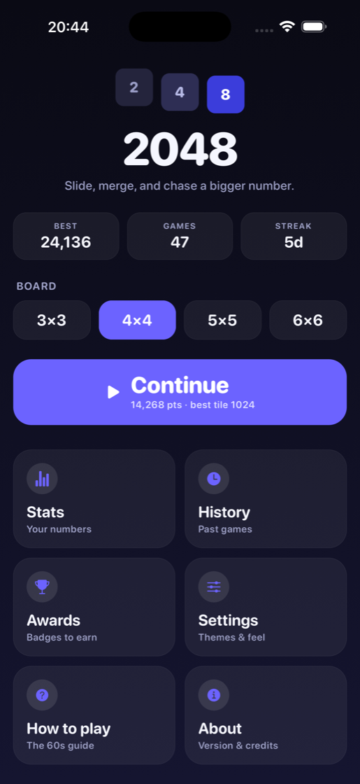 The 2048 Nova home screen with board size selector