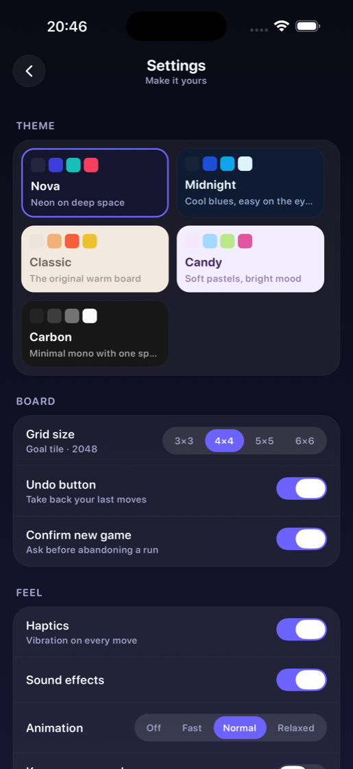 Settings screen showing the five available themes